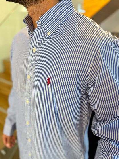 Camisa Polo R.L hombre Algodón Rayas Azules Con Blanco Caballo Rojo