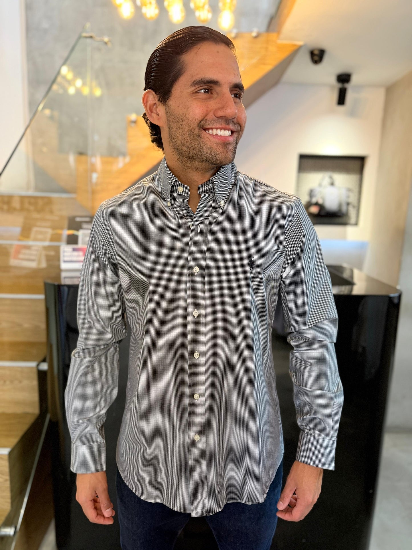 Camisa Polo R.L hombre Algodón Cuadros Negros Con Blanco Caballo Negro