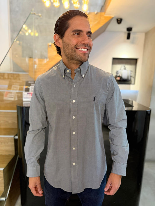 Camisa Polo R.L hombre Algodón Cuadros Negros Con Blanco Caballo Negro
