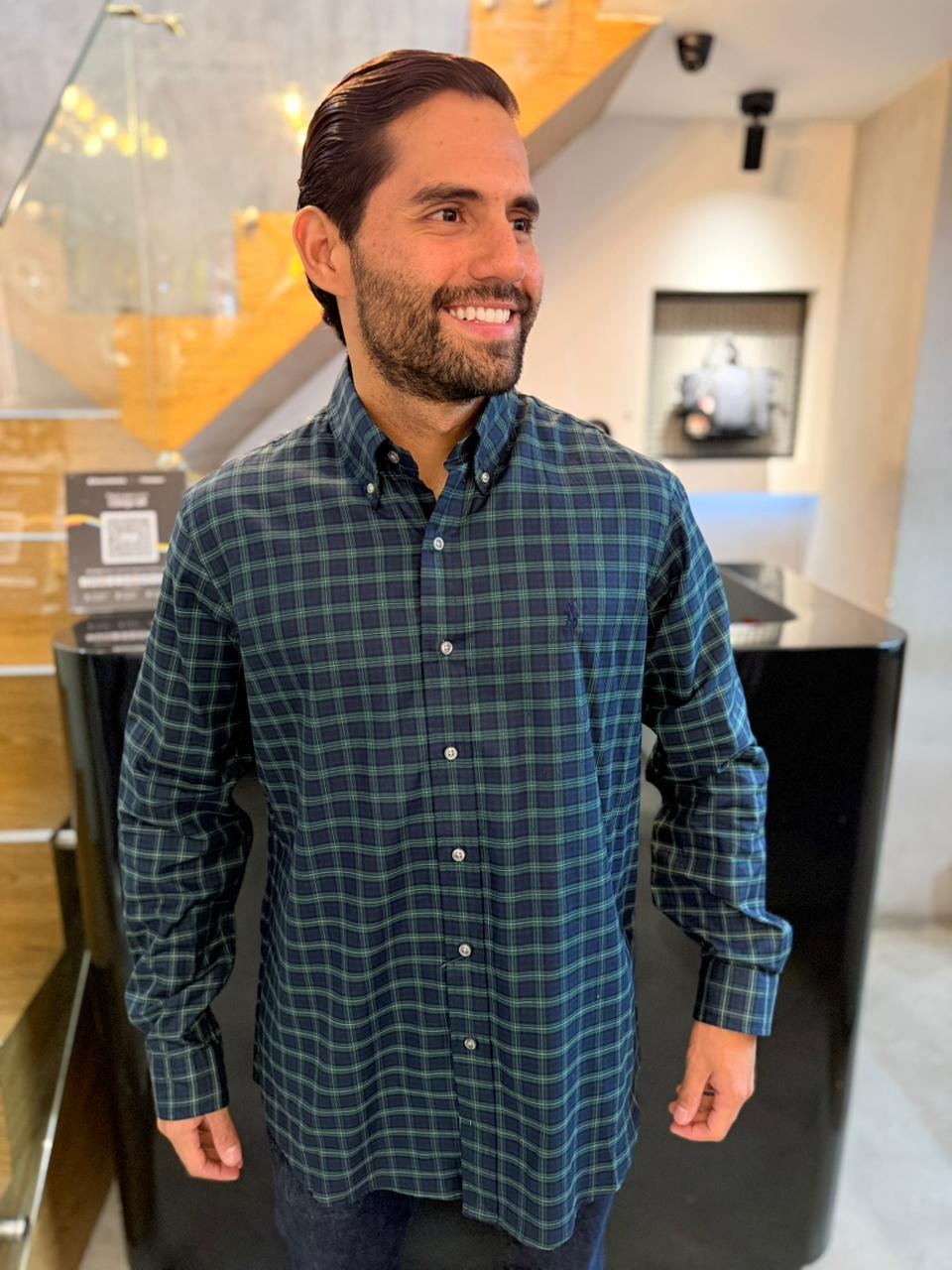 Camisa Polo R.L hombre Algodón Cuadros Azules Caballo Azul