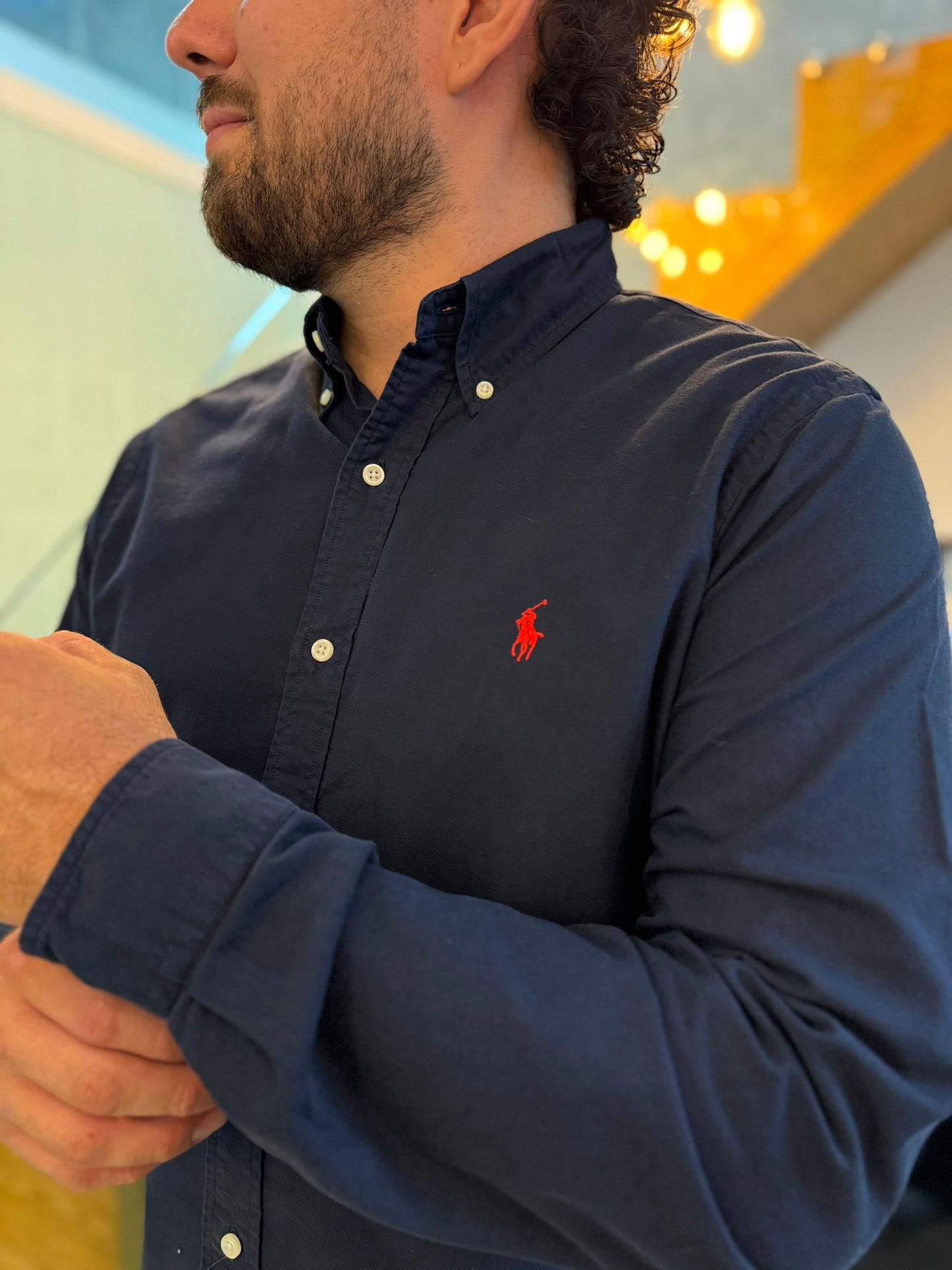 Camisa Polo R.L hombre Oxford Azul Caballo Rojo