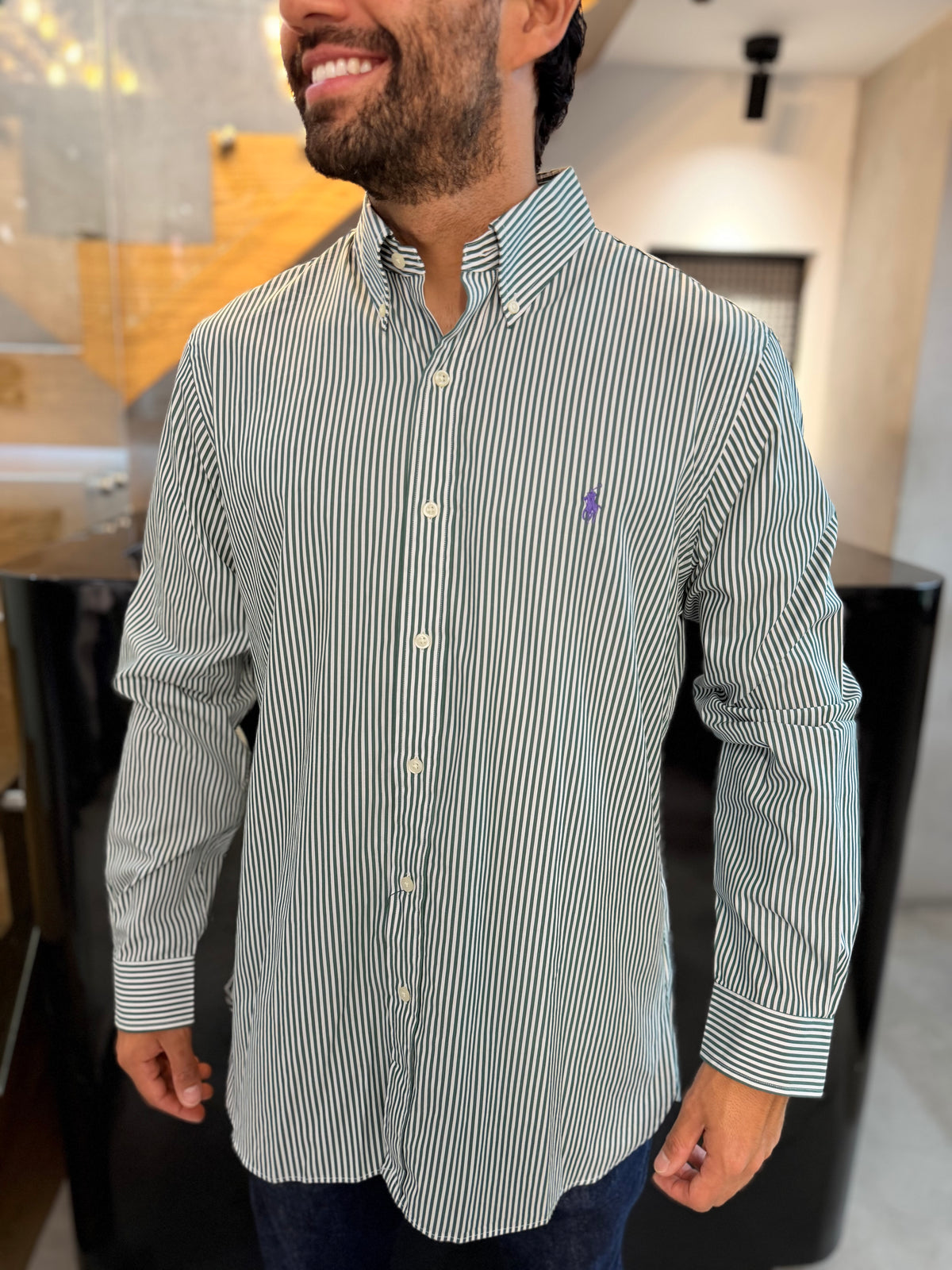 Camisa Polo R.L hombre Algodón Rayas Verdes Con Blanco Caballo Lila