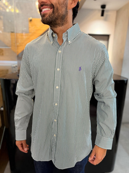 Camisa Polo R.L hombre Algodón Rayas Verdes Con Blanco Caballo Lila