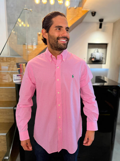 Camisa Polo R.L hombre Algodón Cuadros Rosados Con Blanco Caballo Verde