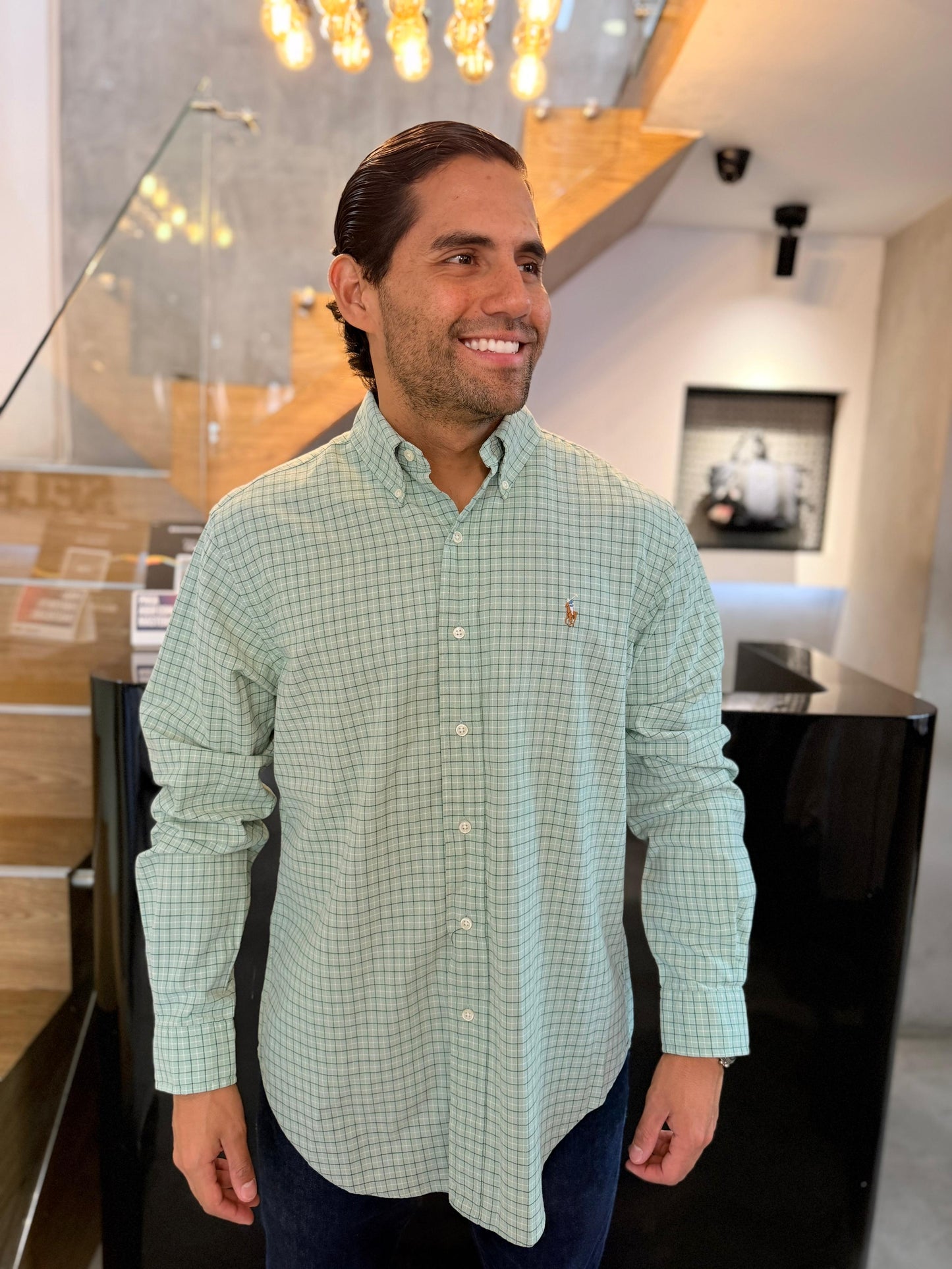 Camisa Polo R.L hombre Oxford Cuadros Verdes Caballo Multicolor
