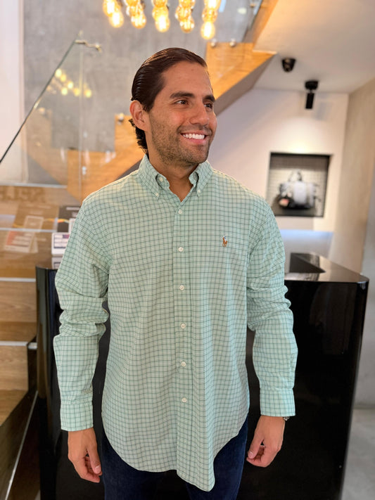 Camisa Polo R.L hombre Oxford Cuadros Verdes Caballo Multicolor