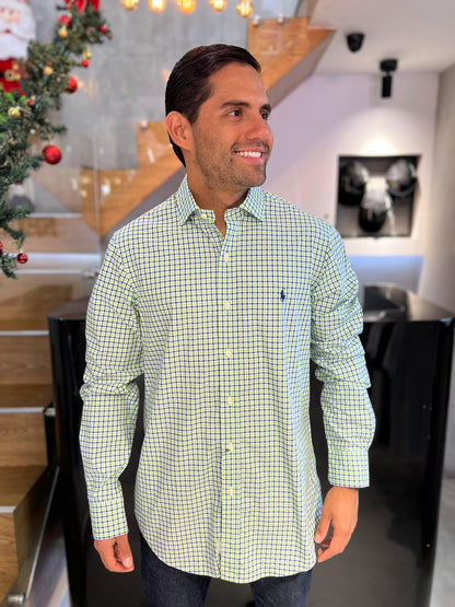 Camisa Polo R.L hombre Algodón Cuadros Verdes con Azul