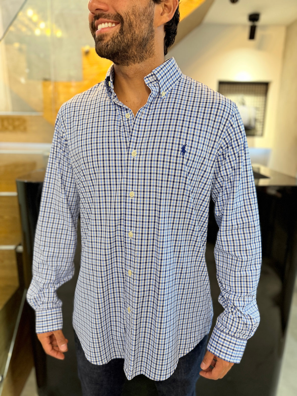Camisa Polo R.L hombre Performance Cuadros Azules Con Blanco Caballo Azul