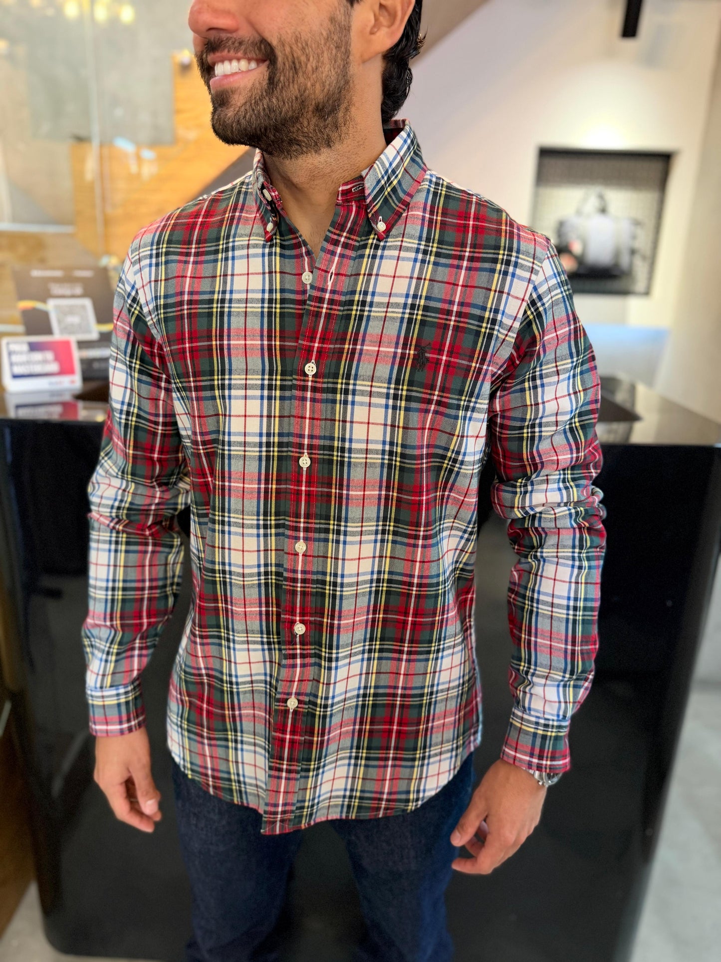 Camisa Polo R.L hombre Oxford  Cuadros Rojos Caballo Negro
