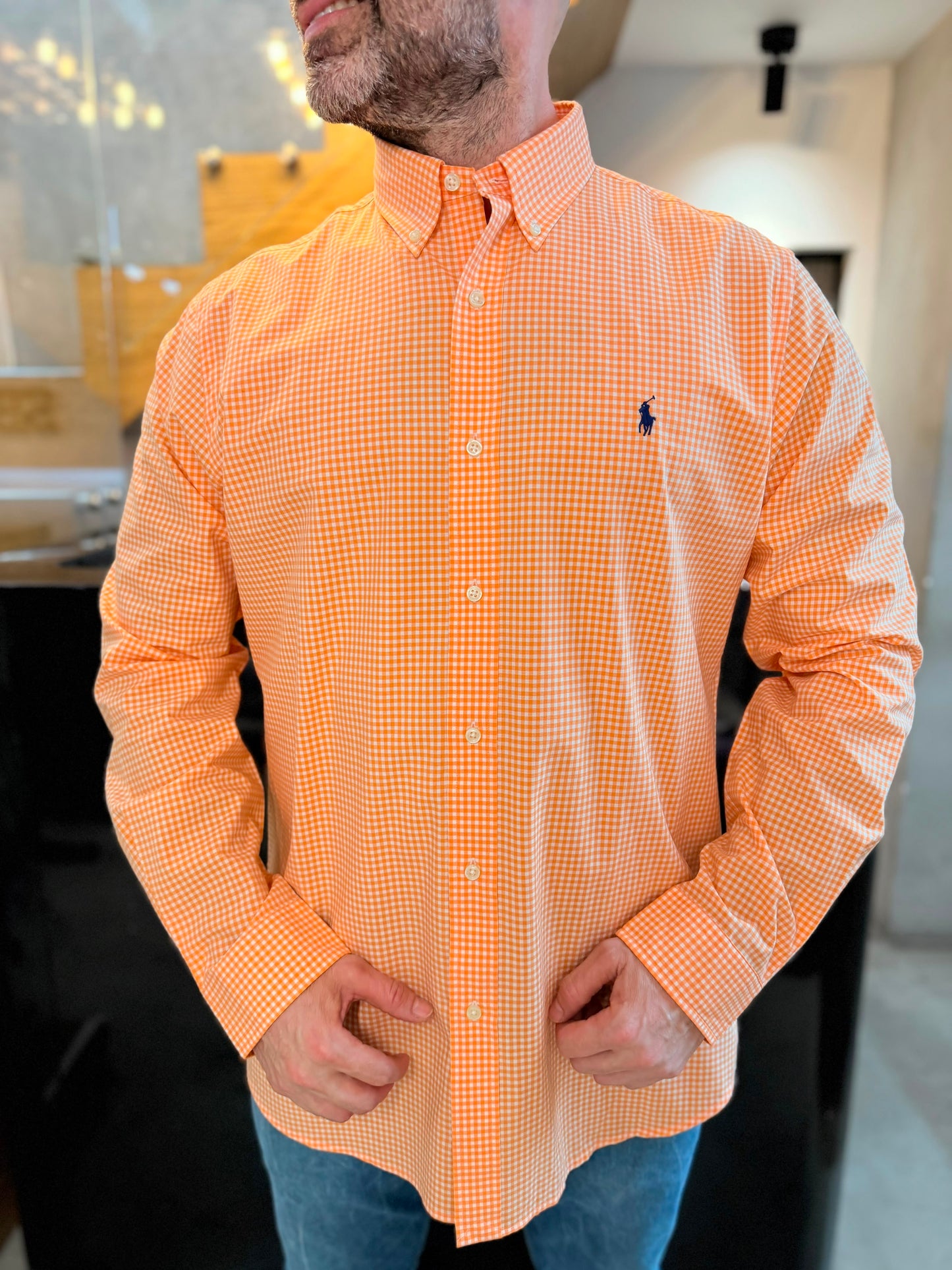 Camisa Polo R.L hombre Algodón Cuadros Naranjas Con Blanco Caballo Azul