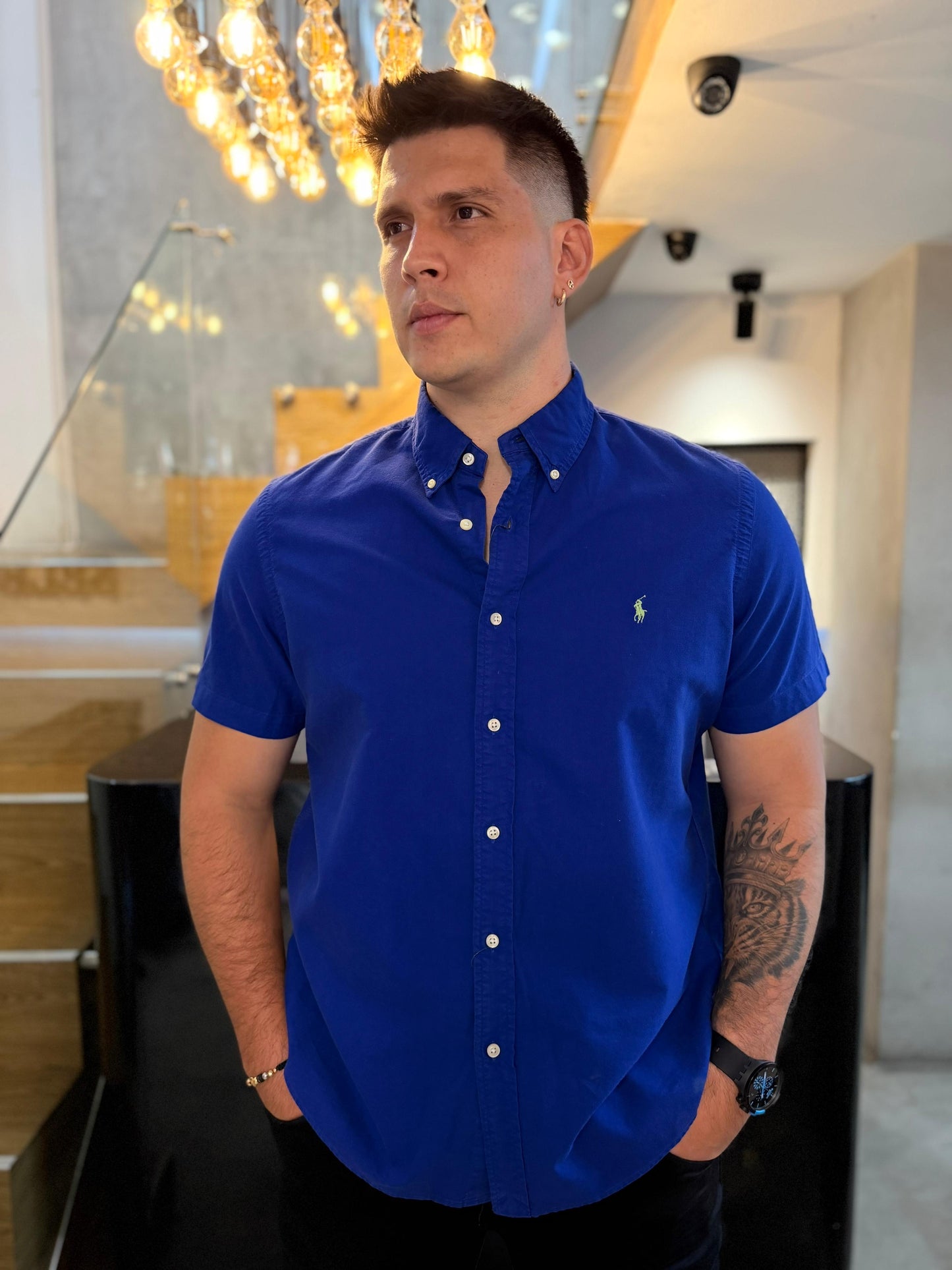 Camisa Polo R.L hombre Oxford Manga Corta Azul Caballo Verde