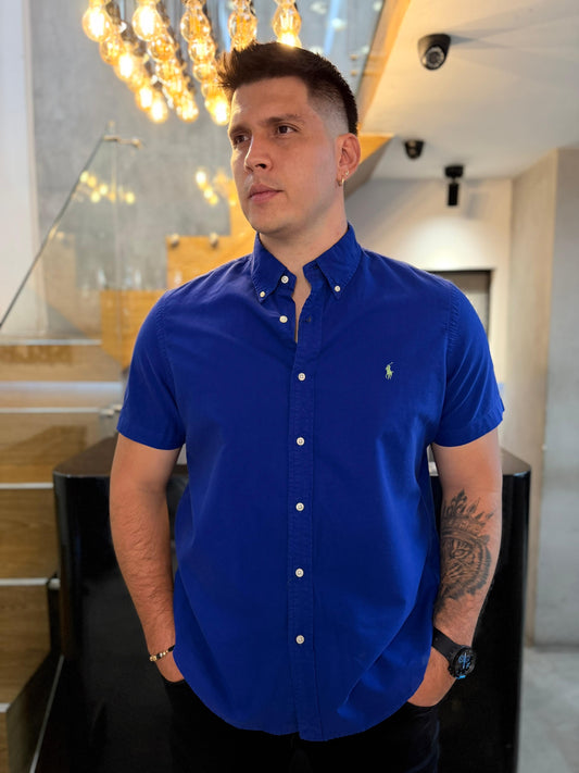 Camisa Polo R.L hombre Oxford Manga Corta Azul Caballo Verde