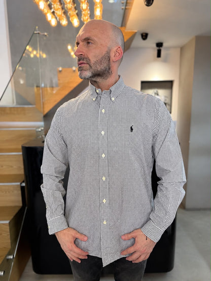 Camisa Polo R.L hombre Algodón Cuadros Blancos Con Negro Caballo Negro