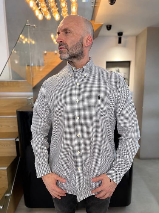 Camisa Polo R.L hombre Algodón Cuadros Blancos Con Negro Caballo Negro