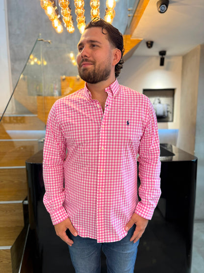 Camisa Polo R.L hombre Algodón Slim Fit Cuadros Rosados Caballo Azul