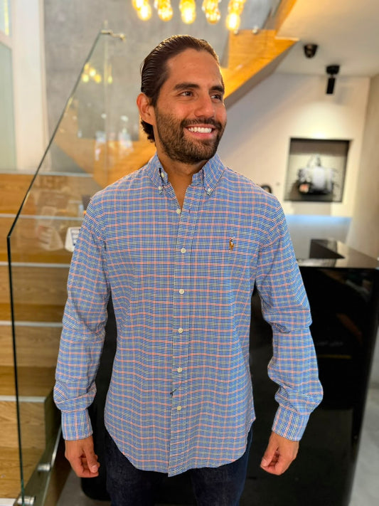 Camisa Polo R.L hombre Oxford Cuadros Celestes Caballo Multicolor