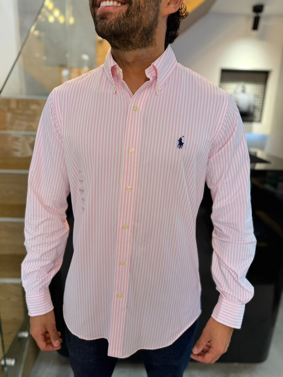 Camisa Polo R.L hombre Algodón Performance Rayas Rosadas Con Blanco Caballo Azul