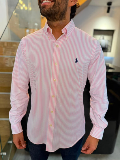 Camisa Polo R.L hombre Algodón Performance Rayas Rosadas Con Blanco Caballo Azul