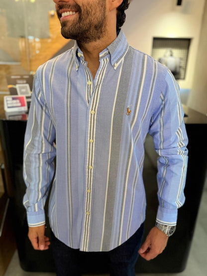 Camisa Polo R.L hombre Oxford Rayas Azules Con Blanco Caballo Multicolor
