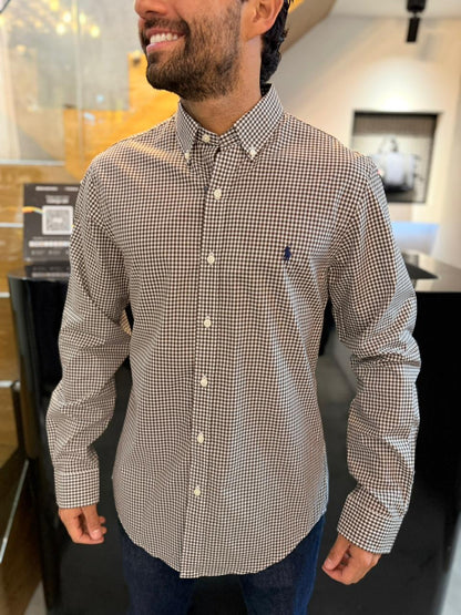 Camisa Polo R.L hombre Slim Fit Algodón Cuadros Cafés Con Blanco Caballo Azul