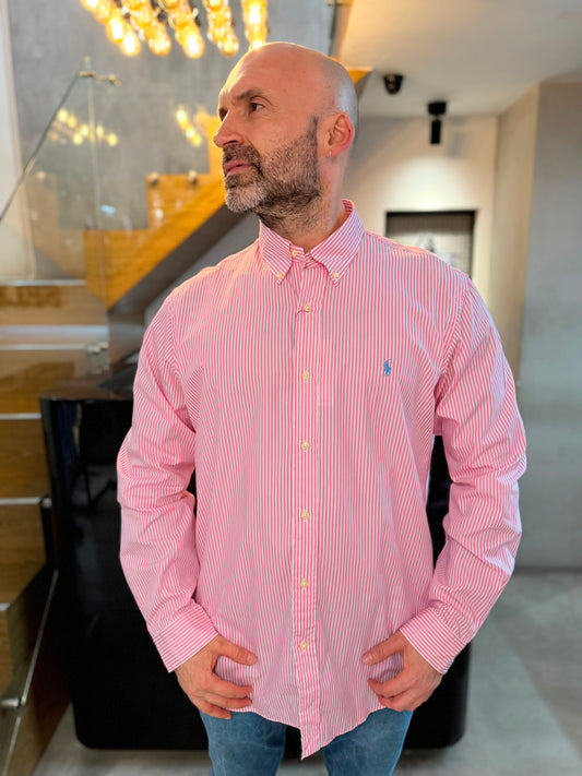 Camisa Polo R.L hombre Algodón Rayas Rosadas Con Blanco Caballo Celeste