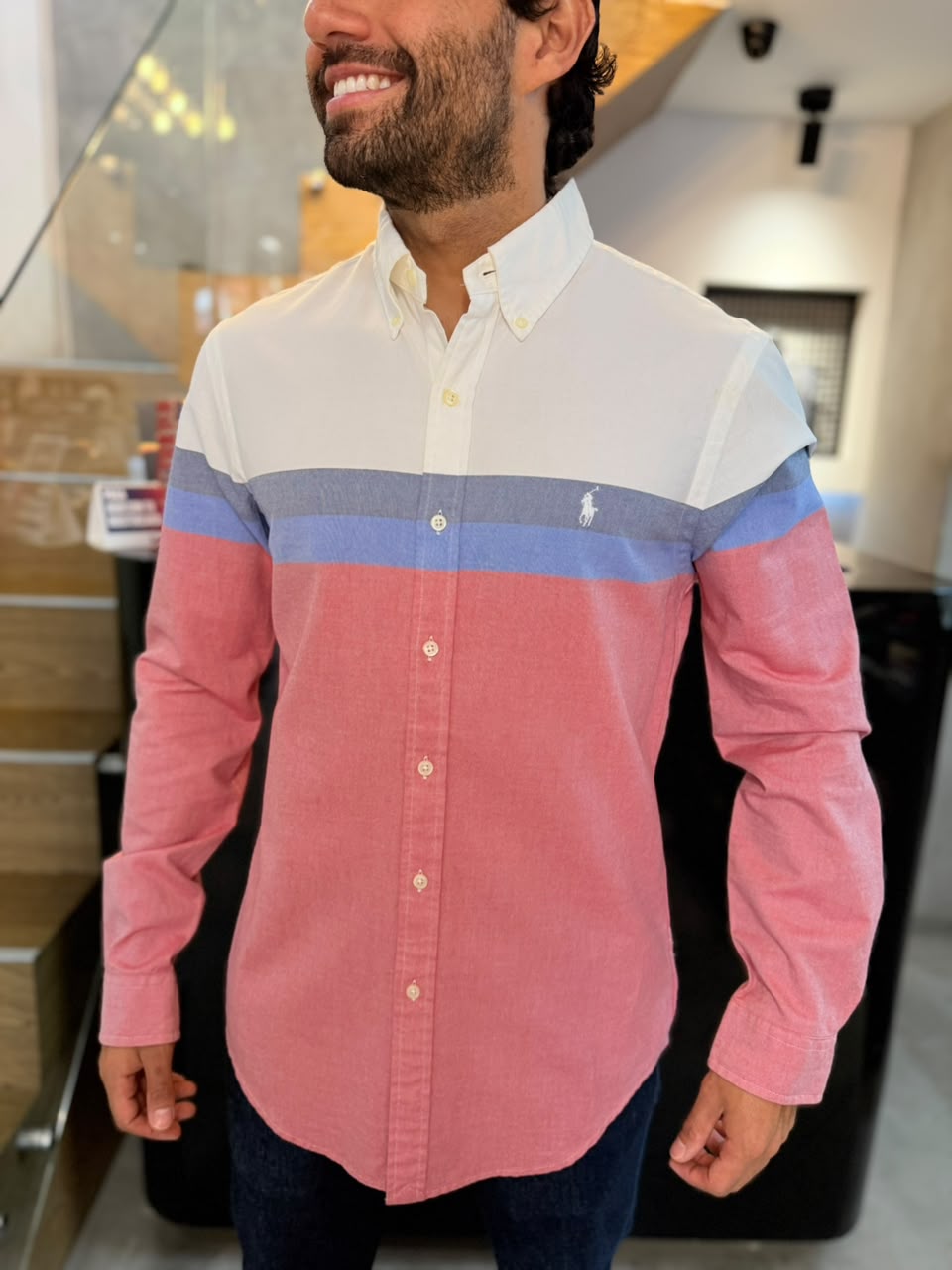 Camisa Polo R.L hombre Oxford Slim Fit Tricolor Caballo Blanco