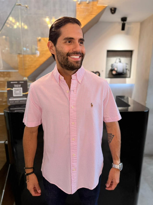 Camisa Polo R.L hombre Manga Corta Oxford Cuadros Rosados Caballo Multicolor