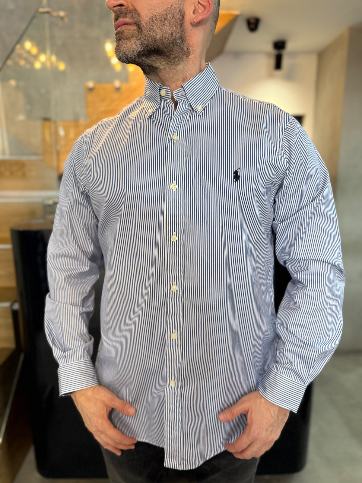 Camisa Polo R.L hombre Algodón Rayas Azul Oscuro Con Blanco Caballo Negro