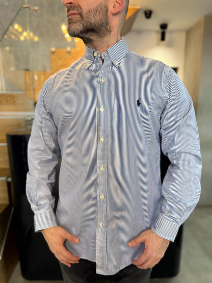 Camisa Polo R.L hombre Algodón Rayas Azul Oscuro Con Blanco Caballo Negro