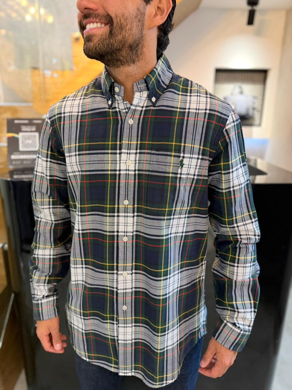 Camisa Polo R.L hombre Oxford Cuadros Verdes Bolsillo Caballo Verde