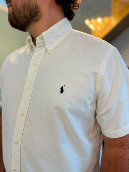 Camisa Polo R.L hombre Oxford Manga corta Blanca Caballo Negro