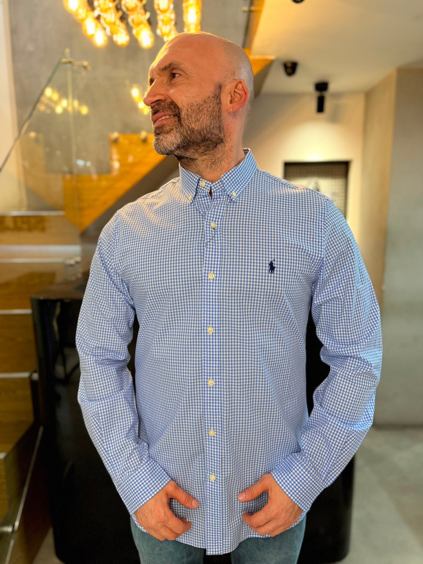 Camisa Polo R.L hombre Algodón Slim Fit Cuadros Celestes  Caballo Azul