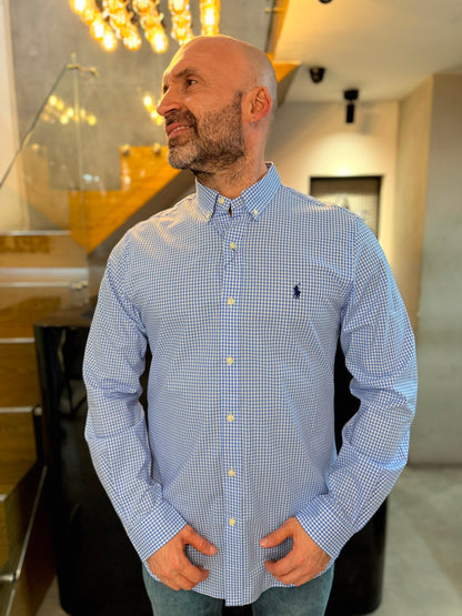 Camisa Polo R.L hombre Algodón Slim Fit Cuadros Celestes  Caballo Azul