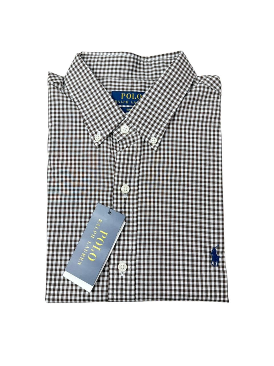 Camisa Polo R.L hombre Algodón Slim Fit Cuadros Cafés Caballo Azul