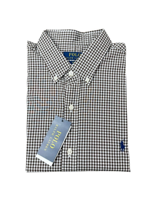 Camisa Polo R.L hombre Algodón Slim Fit Cuadros Cafés Caballo Azul