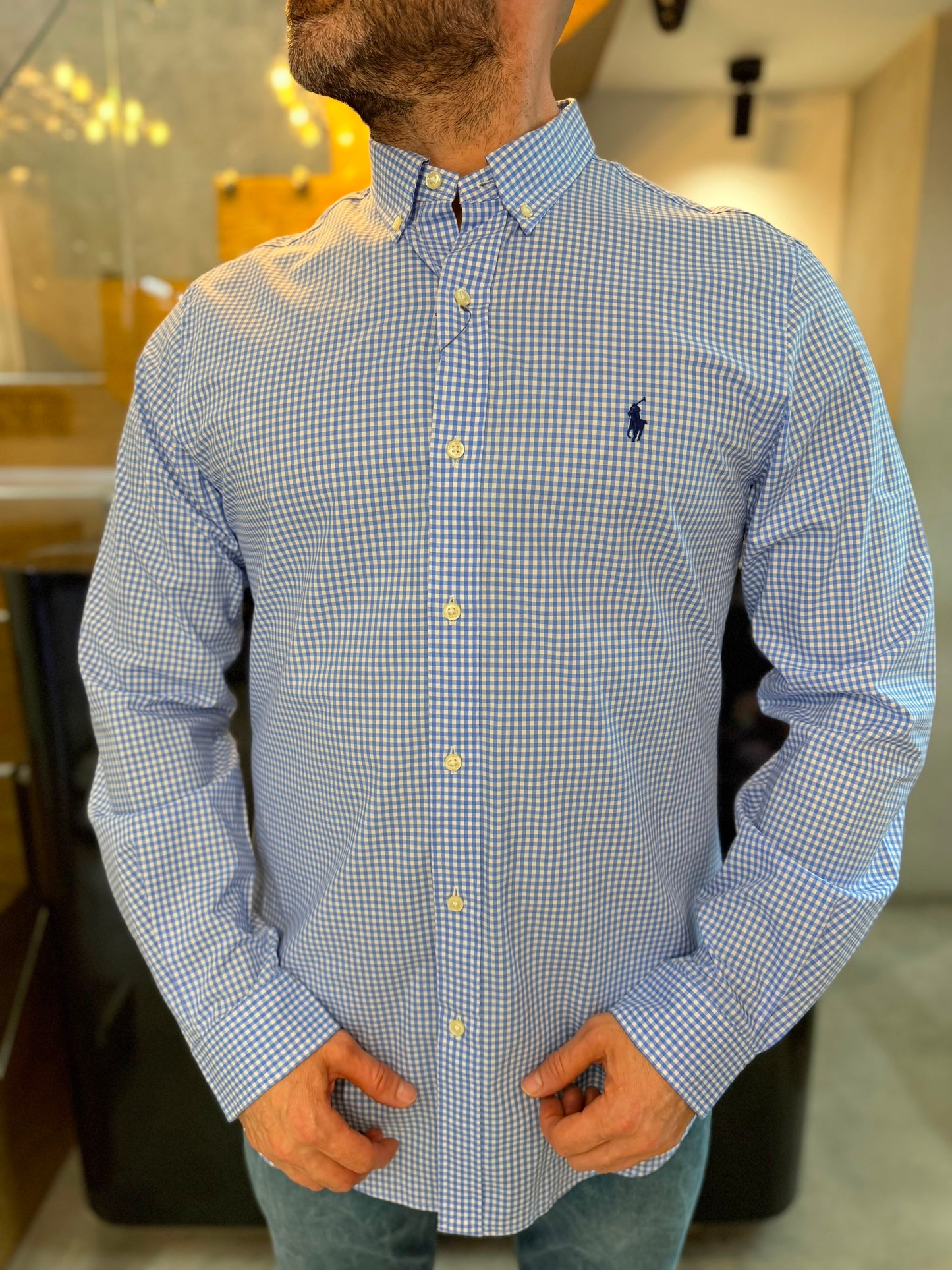 Camisa Polo R.L hombre Algodón Slim Fit Cuadros Celestes  Caballo Azul