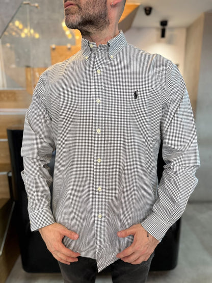 Camisa Polo R.L hombre Algodón Cuadros Blancos Con Negro Caballo Negro