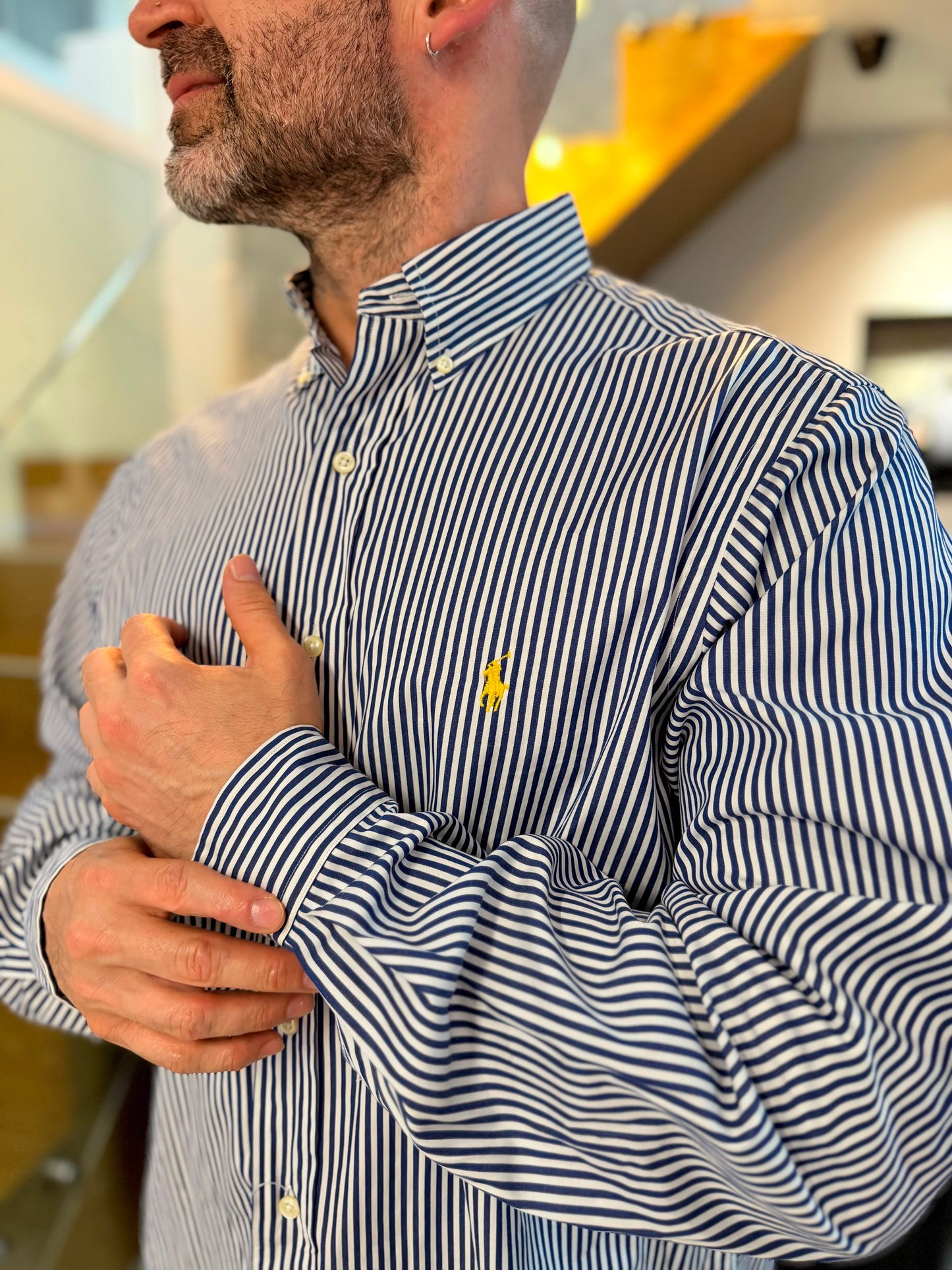 Camisa Polo R.L hombre Algodón Rayas Azules Con Blanco Caballo Amarillo