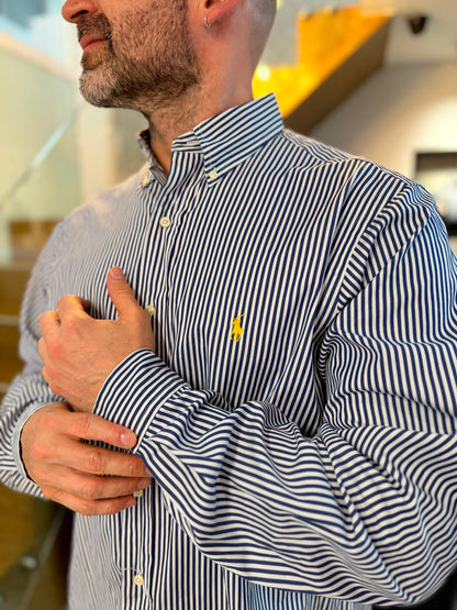 Camisa Polo R.L hombre Algodón Rayas Azules Con Blanco Caballo Amarillo