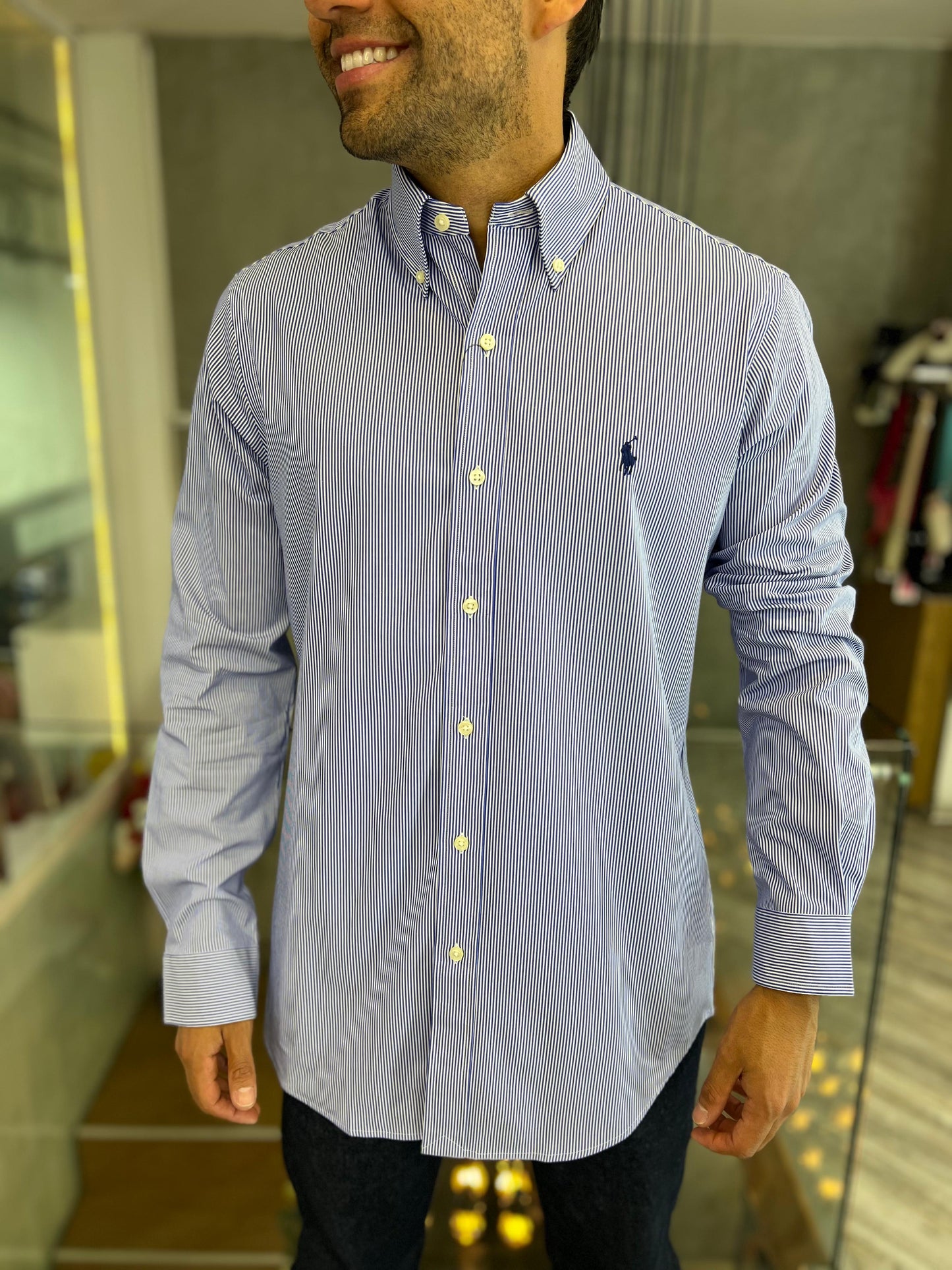 Camisa Polo R.L hombre Algodón Rayas Azules Caballo Azul