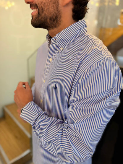 Camisa Polo R.L hombre Algodón Rayas Azules Con Blanco Caballo Azul