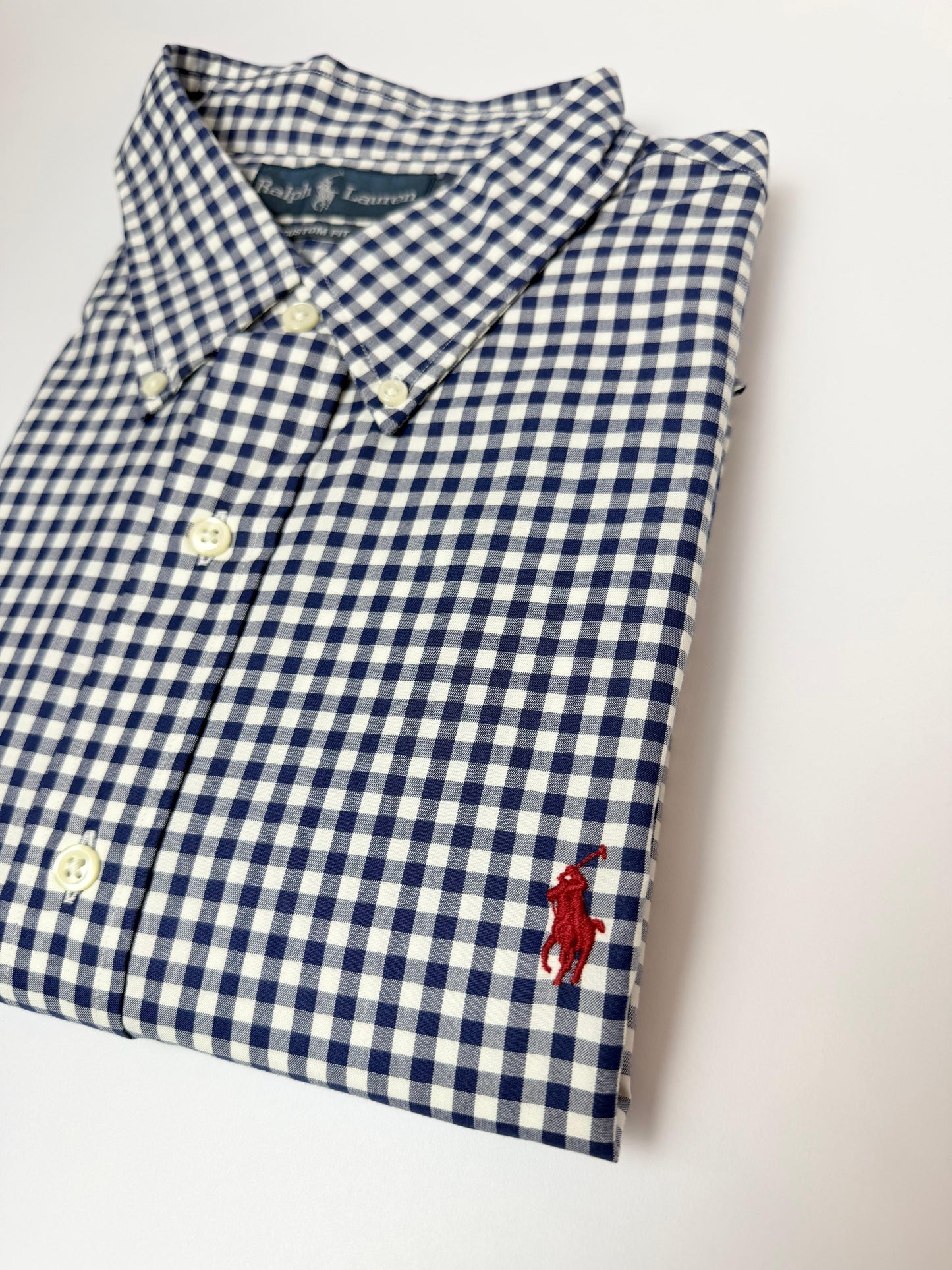 Camisa Polo R.L hombre Algodón Custom Fit Cuadros Azules Caballo Rojo