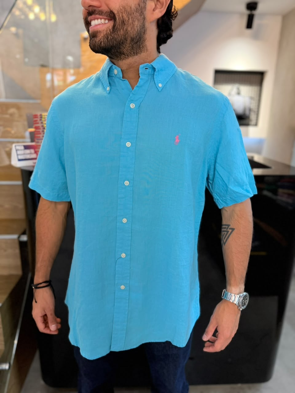Camisa Polo R.L hombre Lino Manga Corta Custom Fit Azul Agua Marina Caballo Rosa