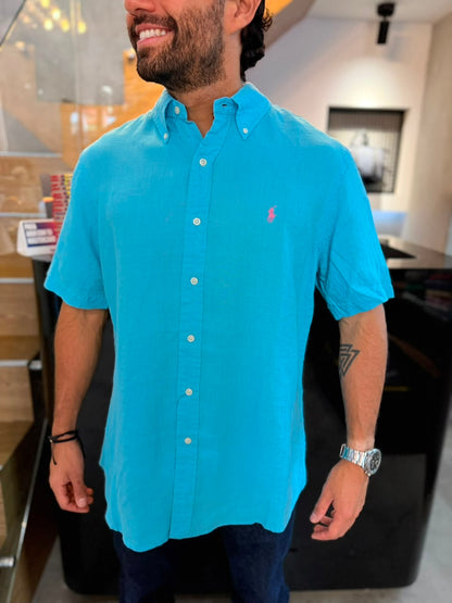 Camisa Polo R.L hombre Lino Manga Corta Custom Fit Azul Agua Marina Caballo Rosa