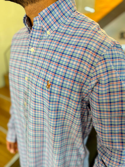 Camisa Polo R.L hombre Oxford Cuadros Azules Con Rojo Caballo Multicolor