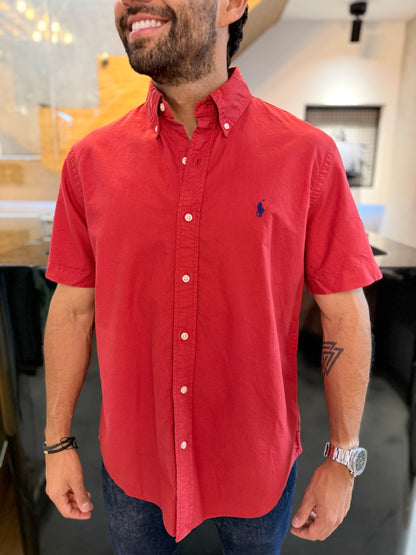 Camisa Polo R.L hombre Oxford Manga Corta Roja Caballo Azul