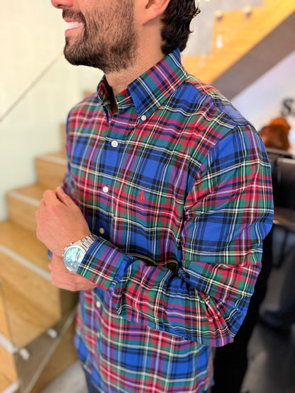 Camisa Polo R.L hombre Algodón Cuadros Rojos y Verdes Caballo Rojo