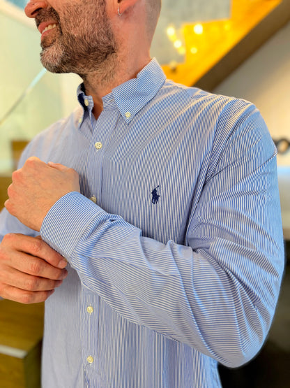 Camisa Polo R.L hombre Algodón Rayas Azules Con Blanco Caballo Azul