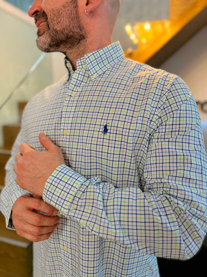 Camisa Polo R.L hombre Algodón Cuadros Blancos Con Verde Caballo Azul