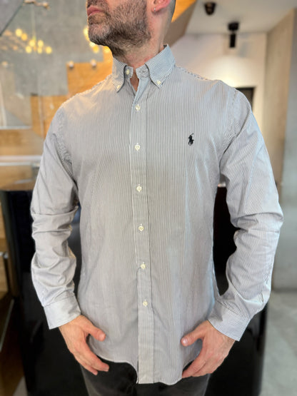 Camisa Polo R.L hombre Algodón Slim Fit Rayas Negras Con Blanco Caballo Negro